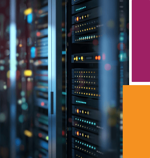 Enterprise server rack with colourful LED status indicators in a data centre