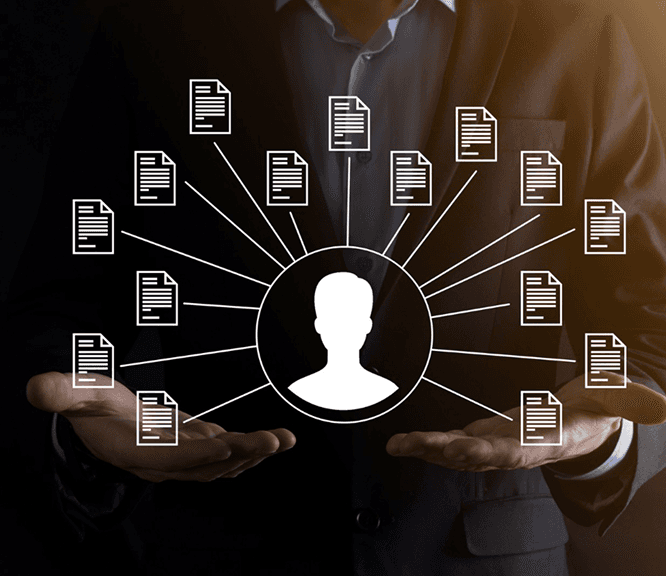 Businessman holding employee document management icons
